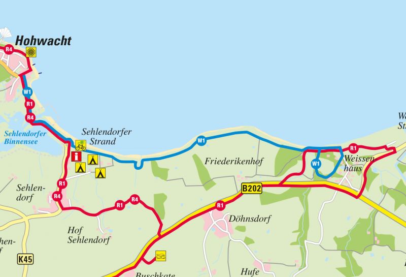 Radfahren Hohwachter Bucht, Kartenausschnitt Radroute R1 an der Howachter Bucht