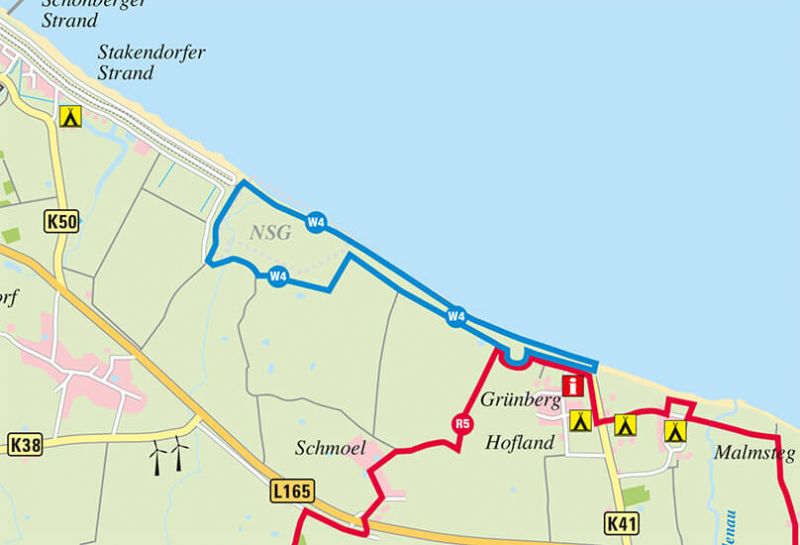 Wandern Howachter Bucht, Kartenausschnitt Wanderroute W4 an der Howachter Bucht