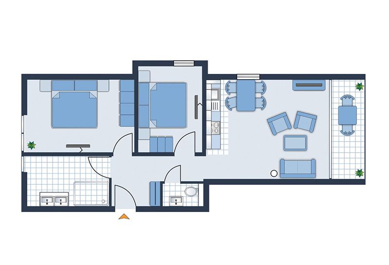 Superior Appartement Grundriss in blau mit zwei Schlafzimmern und zwei Bädern, Eingangsbereich, Flur, offener Wohn- und Essbereich, Terrasse