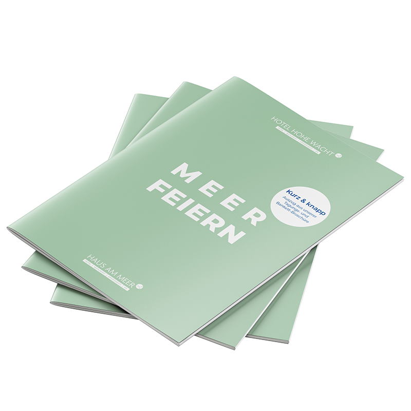 Ansicht Prospekt Titel Kurzbroschüre Meer Feiern, 3 Exemplare übereinander versetzt gelegt