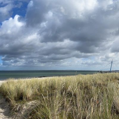 Arrangements Hotel Haus am Meer, Blick von der Düne mit Gras auf Ostsee und Flunder, dunkle Wolken am Himmel