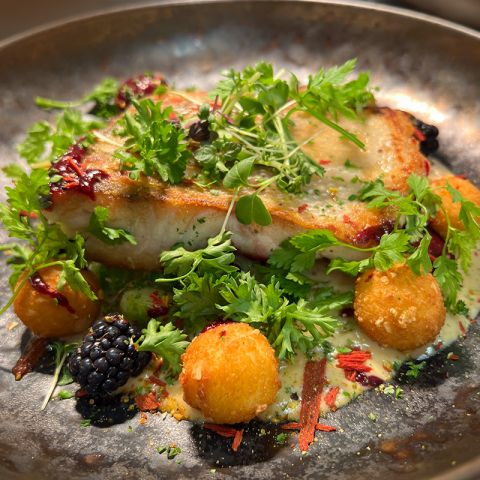 Restaurant Hotel Haus am Meer, schwarzer runder Teller mit Fischgericht, mit Petersilie garniert