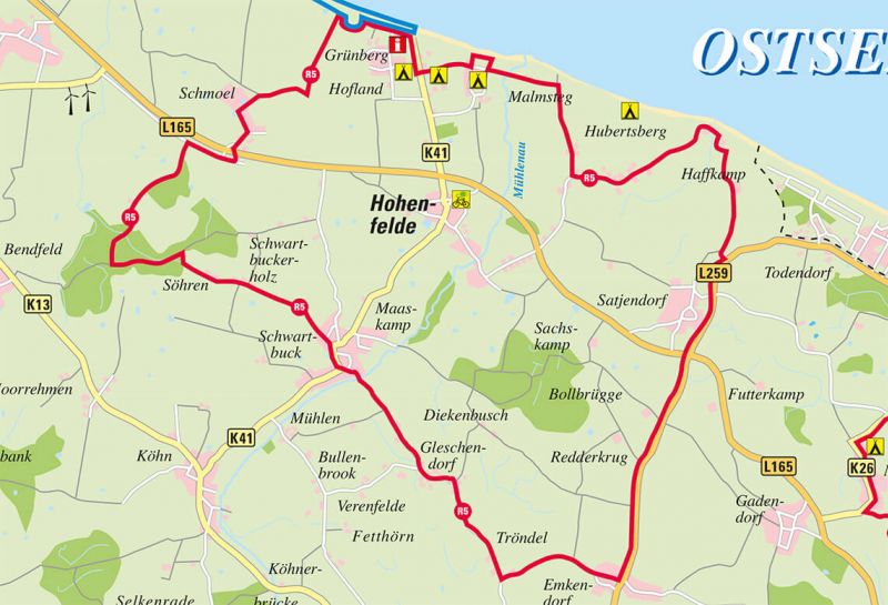 Radfahren Hohwachter Bucht, Kartenausschnitt Radroute R5 an der Howachter Bucht